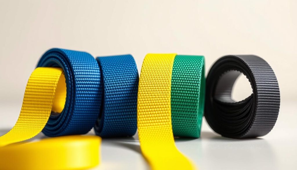 A close-up, photorealistic image of various types of material webbing slings displayed on a clean, neutral background. In the foreground, showcase a vibrant nylon sling in bright yellow, a strong polypropylene sling in deep blue, a durable polyester sling in forest green, and an advanced Kevlar sling in a sleek black. Each sling should exhibit its unique texture and weave patterns, highlighting their strength and versatility. The middle ground features subtle lighting that accentuates the materials, revealing the glossy finish and intricate details. The background remains slightly blurred to focus attention on the slings. Aim for a professional atmosphere, evoking a sense of innovation and quality in the webbing industry, with a soft, diffused light that enhances the colors and textures.