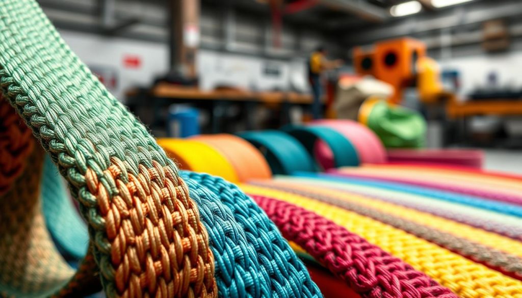 A close-up, photorealistic image of webbing sling material in vibrant colors, showcasing its texture and weave in intricate detail. The foreground features a section of tightly woven webbing, with strands glistening under soft, even lighting that accentuates its durability. The middle ground includes various webbing sling samples in different colors and widths, laid out neatly to display their versatility. In the background, a blurred workshop setting hints at a professional environment, with tools and equipment related to sling manufacturing subtly placed out of focus. The overall atmosphere conveys a sense of quality and strength, emphasizing the superior craftsmanship of the material. Shot with a macro lens to capture fine details, providing an engaging view of the material’s potential applications in lifting and securing loads. A close-up, photorealistic image of webbing sling material in vibrant colors, showcasing its texture and weave in intricate detail. The foreground features a section of tightly woven webbing, with strands glistening under soft, even lighting that accentuates its durability. The middle ground includes various webbing sling samples in different colors and widths, laid out neatly to display their versatility. In the background, a blurred workshop setting hints at a professional environment, with tools and equipment related to sling manufacturing subtly placed out of focus. The overall atmosphere conveys a sense of quality and strength, emphasizing the superior craftsmanship of the material. Shot with a macro lens to capture fine details, providing an engaging view of the material’s potential applications in lifting and securing loads.