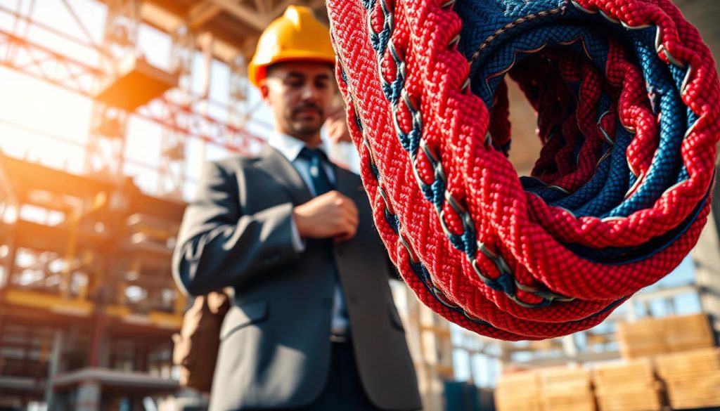 A close-up, photorealistic image showcasing a vibrant, heavy-duty webbing sling in an industrial setting. The foreground features the webbing sling, intricately woven with reinforced stitching, demonstrating its strength and flexibility. In the middle ground, a professional worker wearing a safety helmet and business attire inspects the webbing sling, embodying safety and performance. The background includes a blurred construction site, emphasizing a busy working environment. Warm, natural lighting floods the scene, highlighting textures and colors of the webbing. A low-angle shot enhances the perception of strength and reliability, creating an atmosphere of professionalism and trust in this essential lifting equipment.