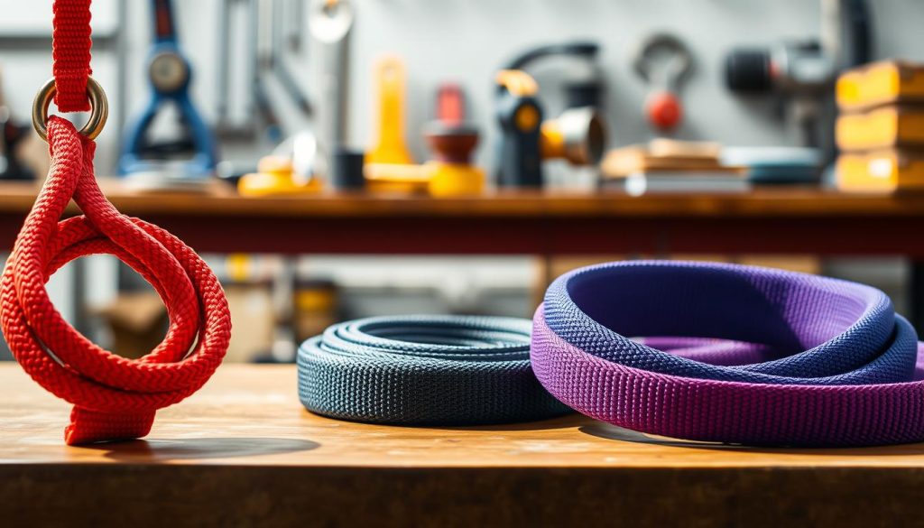 A close-up, photorealistic image showcasing three distinct types of webbing slings: Eye to Eye, Endless, and Round Sling. The foreground features the Eye to Eye sling, prominently displayed with its looped ends, made from high-strength nylon, in vibrant colors like red and blue. Next to it, the Endless sling, depicted in its durable, seamless construction, unfurls elegantly. The Round Sling is shown as a thick, circular loop, highlighting its softness and flexibility. In the middle ground, softly blurred industrial tools and a workbench create a contextual backdrop, suggesting a warehouse or industrial environment. The lighting is bright and natural, casting soft shadows to enhance the texture and details of the slings. The atmosphere is professional, clean, and focused on the quality of the products.