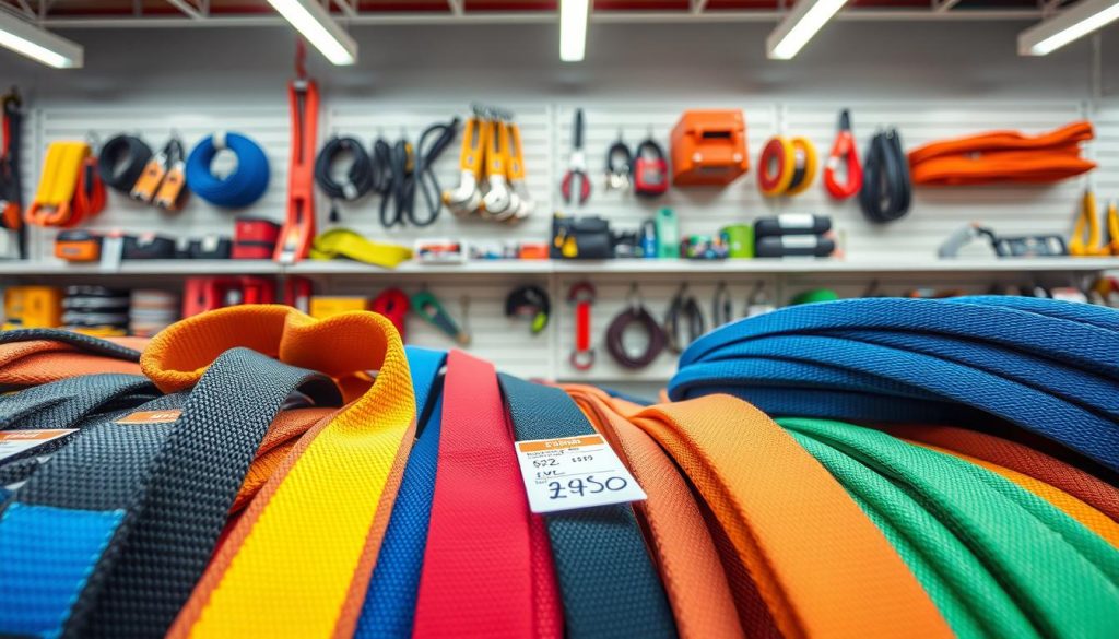 A close-up shot of a vibrant display of colorful webbing slings in a hardware store. The foreground features various types of webbing slings, showcasing their texture and strength, with price tags attached to each item highlighting competitive pricing. In the middle ground, a well-lit shelf contains additional equipment and accessories related to lifting and securing loads. The background captures a clean, organized store environment with soft lighting that emphasizes the colors of the slings, creating a professional and welcoming atmosphere. The image should reflect a commercial setting, devoid of any text or branding, ensuring a focus on the webbing slings themselves. The mood is informative and engaging, perfect for illustrating pricing dynamics in a relevant market.