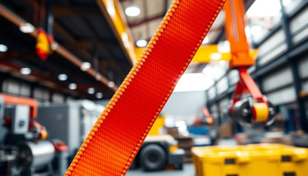 A close-up view of a high-capacity webbing sling, showcasing its robust texture and vibrant colors. In the foreground, the sling is extended, clearly displaying its capacity rating and intricate stitching. The middle ground features industrial tools and equipment, indicating the sling's application in heavy lifting. The background shows a warehouse setting with soft, diffused lighting, highlighting the professionalism of industrial work. The image captures a mood of reliability and strength, emphasizing the practical use of webbing slings in commercial settings. Use a shallow depth of field to keep the focus on the sling, while the edges fade softly, creating a polished look. A close-up view of a high-capacity webbing sling, showcasing its robust texture and vibrant colors. In the foreground, the sling is extended, clearly displaying its capacity rating and intricate stitching. The middle ground features industrial tools and equipment, indicating the sling's application in heavy lifting. The background shows a warehouse setting with soft, diffused lighting, highlighting the professionalism of industrial work. The image captures a mood of reliability and strength, emphasizing the practical use of webbing slings in commercial settings. Use a shallow depth of field to keep the focus on the sling, while the edges fade softly, creating a polished look.
