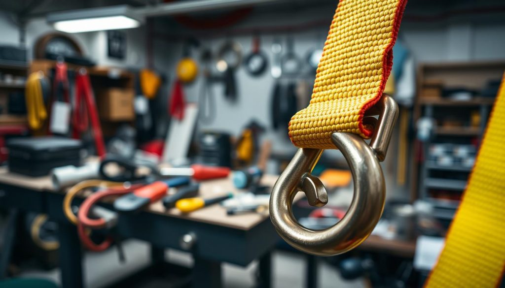 A close-up view of a high-strength webbing sling, showcasing the texture and material details essential for understanding its strength and durability. The fabric should display vibrant colors like bright yellow or red, tightly woven fibers, and reinforced stitching to emphasize quality. In the foreground, focus on the sling’s hooks and connection points, reflecting high tensile strength. The middle ground should feature a workbench cluttered with tools, conveying a professional environment. In the background, soft diffused lighting enhances the focus on the sling, creating an atmosphere of reliability and engineering precision. Capture the scene with a shallow depth of field, using a 50mm lens to highlight detail and texture, while maintaining a clean, uncluttered aesthetic.