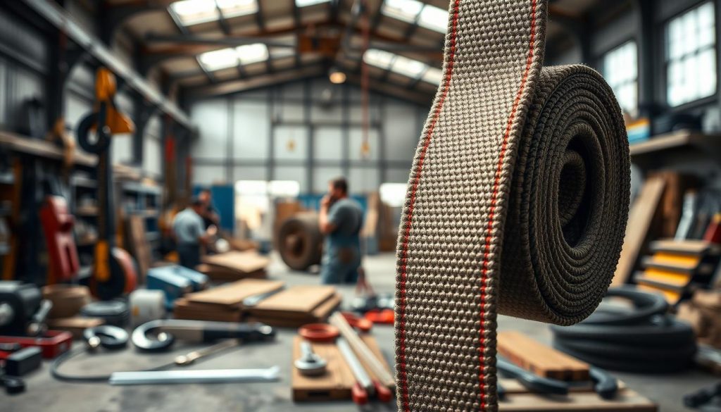 A close-up view of a strong, durable webbing sling displayed prominently in the foreground, showcasing its high-strength fabric and robust stitching details. The sling is surrounded by various tools and equipment commonly used in daily work tasks, such as pulleys and hooks, adding context to its application. The middle ground features an industrial workspace with subtle lighting that highlights the texture and color of the webbing sling, creating an atmosphere of professionalism and reliability. The background is blurred, emphasizing the sling while hinting at a busy workshop or construction site with soft, natural light streaming in from an overhead window. The overall mood is serious and focused, conveying the importance of safety and quality in everyday work environments. The image should be photorealistic and high definition, with intricate details visible throughout. A close-up view of a strong, durable webbing sling displayed prominently in the foreground, showcasing its high-strength fabric and robust stitching details. The sling is surrounded by various tools and equipment commonly used in daily work tasks, such as pulleys and hooks, adding context to its application. The middle ground features an industrial workspace with subtle lighting that highlights the texture and color of the webbing sling, creating an atmosphere of professionalism and reliability. The background is blurred, emphasizing the sling while hinting at a busy workshop or construction site with soft, natural light streaming in from an overhead window. The overall mood is serious and focused, conveying the importance of safety and quality in everyday work environments. The image should be photorealistic and high definition, with intricate details visible throughout.