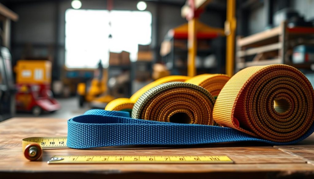 A close-up view of a variety of webbing slings displayed prominently on a wooden table. The slings are of different lengths and load capacities, showing vibrant colors like blue, yellow, and red to indicate their ratings. In the foreground, the texture of the webbing is highly detailed, showcasing the strong, woven fabric. In the middle ground, a measuring tape lies beside the slings for scale, while in the background, a blurred workshop setting softly illuminated by natural light highlights the equipment used for lifting and hauling. The atmosphere should feel professional and informative, emphasizing the practicality and reliability of these webbing slings in industrial applications. The overall composition should evoke a sense of quality and efficiency, without any text or branding elements.