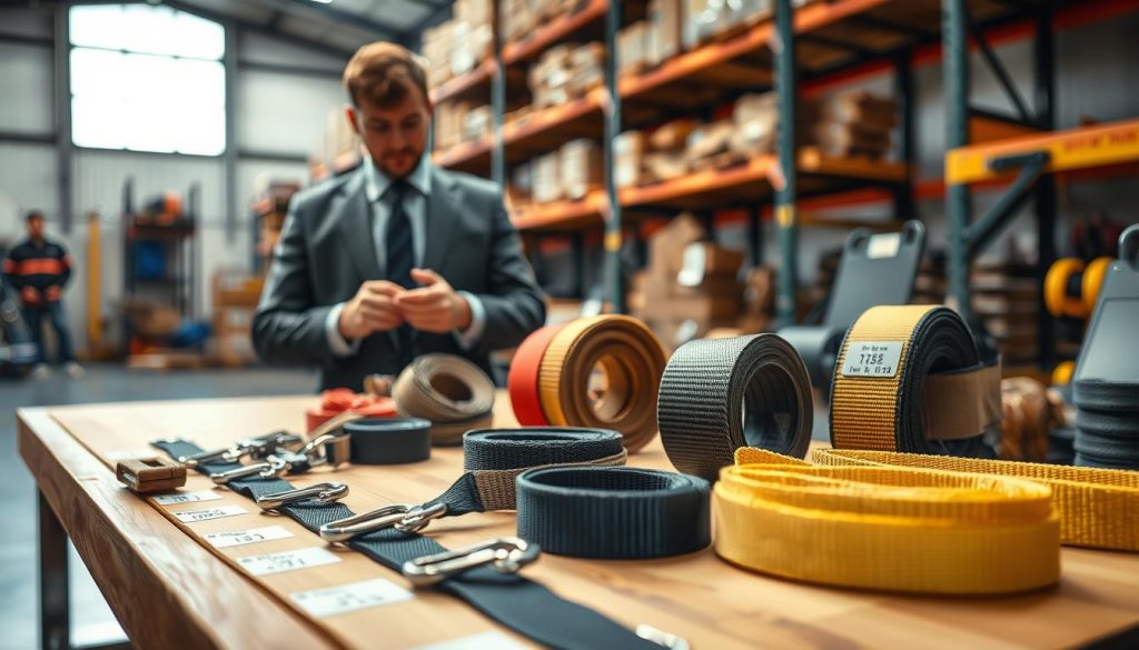 A close-up view of a webbing sling selection process inside a well-lit warehouse. In the foreground, a professional in a business casual outfit examines different types of webbing slings, showcasing their textures and colors. In the middle ground, a variety of webbing slings of different widths and load capacities are displayed on a wooden table, each labeled with their specifications. The background features shelves stocked with inventory and a soft-focus view of safety equipment, emphasizing a secure environment. The lighting is bright and even, highlighting the details of the slings. The atmosphere conveys professionalism and careful consideration, suggesting an informative guide to choosing the right webbing sling for various loads. Photorealistic quality, high definition, focused angle.