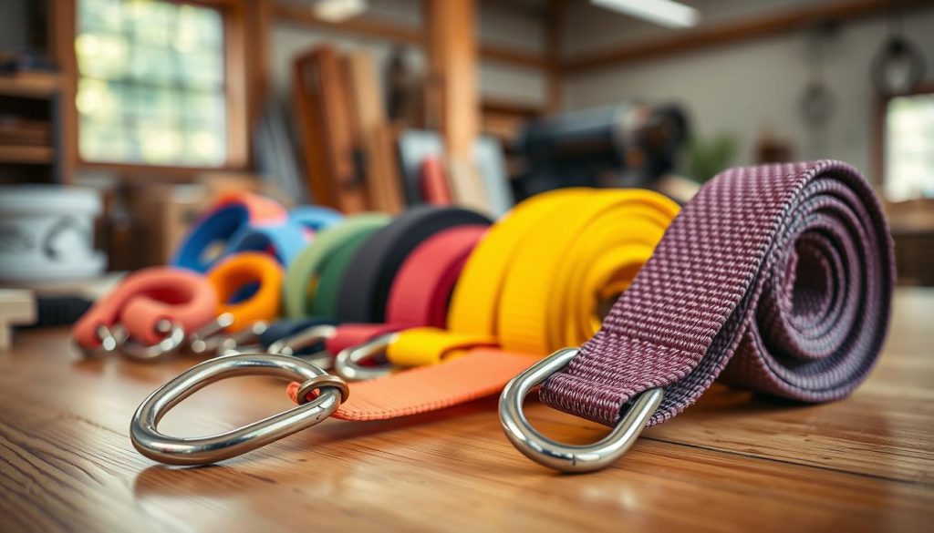A close-up view of various webbing slings arranged neatly on a wooden tabletop, showcasing the diversity in construction and materials. In the foreground, showcase a vibrant nylon webbing sling with thick stitching and a heavy-duty metal hook, sharply focused with a soft bokeh effect around it. In the middle ground, display slings of different colors and textures, such as polyester and polyethylene, illustrating their unique features. The background should have a blurred workshop setting with natural light filtering through a window, creating a warm and inviting atmosphere. The image should be highly detailed and photorealistic, emphasizing the strength and versatility of the webbing. The composition should evoke a sense of professionalism and craftsmanship.