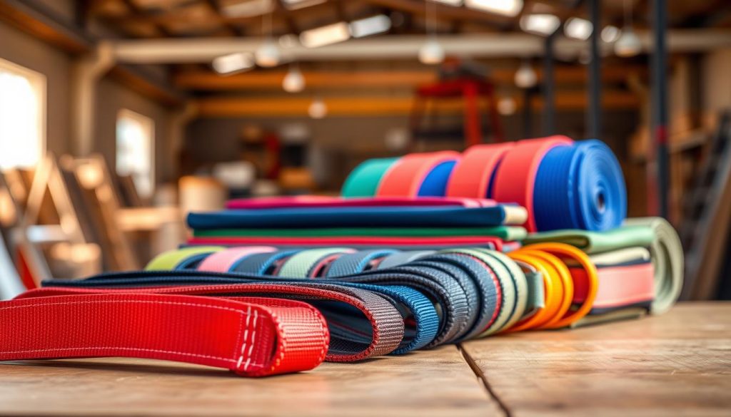 A collection of colorful and durable webbing slings displayed elegantly on a wooden table, showcasing various types and models, including both heavy-duty and lighter options. In the foreground, focus on a bright red sling with reinforced stitching, demonstrating its strength. The middle layer features a wide variety of slings in different colors, arranged neatly to highlight their textures and widths. In the background, soft natural lighting creates a warm atmosphere, with a blurred industrial setting that suggests a warehouse or workshop. This photorealistic image emphasizes the quality and reliability of webbing slings, inviting the viewer to appreciate their essential role in lifting and securing loads. The composition should be clean and professional, emphasizing the products without any distractions.