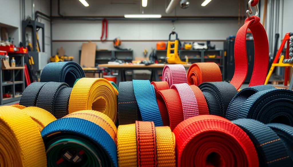 A collection of different types of webbing slings showcased in a well-lit, professional setting. The foreground displays a variety of slings in vibrant colors, emphasizing their texture and material, such as nylon and polyester. In the middle, arrange these slings in an organized manner, highlighting details like stitching patterns and load capacities. The background features a neutral workspace environment, with tools and safety equipment subtly positioned, creating a sense of a commercial setting. Use natural lighting to enhance the colors and details, creating a realistic, photorealistic look with high definition. The atmosphere is informative and professional, inviting viewers to appreciate the quality and diversity of the webbing slings offered.