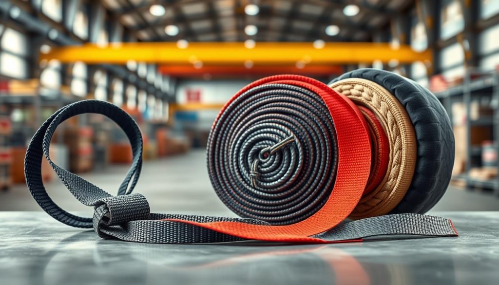 A collection of three types of webbing slings displayed prominently in a well-lit industrial setting. In the foreground, an eye sling with reinforced loops, showcasing its flexibility and strength. In the middle, an endless sling neatly coiled, demonstrating its seamless design and durability. Next to it, a round sling with a padded exterior, emphasizing its protective qualities. The background features a blurred warehouse environment with soft, natural lighting highlighting the slings, creating an atmosphere of professionalism and reliability. Use a high-angle perspective to capture the slings from above, ensuring clarity and detail in the fabric textures and colors. The image should be photorealistic with high definition, showcasing the quality and various applications of webbing slings in lifting and rigging tasks.