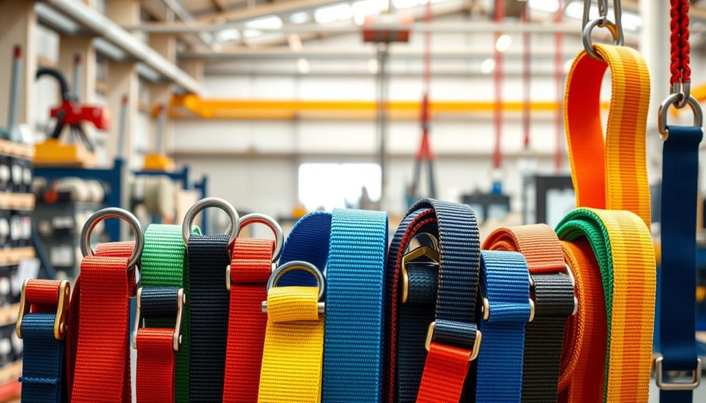 A collection of various webbing slings displayed prominently in the foreground, showcasing different types, models, and designs. The slings are made of colorful, durable synthetic materials, featuring unique end fittings and stitching details for enhanced strength. In the middle ground, a refined workshop setting is visible, highlighting tools and equipment used for sling customization and inspection. The background features a softly blurred industrial environment, adding depth without distraction. The lighting is bright and natural, casting subtle shadows that emphasize the texture of the slings. The scene evokes a sense of professionalism and quality, perfect for showcasing the craftsmanship of webbing slings. The image should be photorealistic and high definition, providing clear visual information for viewers. A collection of various webbing slings displayed prominently in the foreground, showcasing different types, models, and designs. The slings are made of colorful, durable synthetic materials, featuring unique end fittings and stitching details for enhanced strength. In the middle ground, a refined workshop setting is visible, highlighting tools and equipment used for sling customization and inspection. The background features a softly blurred industrial environment, adding depth without distraction. The lighting is bright and natural, casting subtle shadows that emphasize the texture of the slings. The scene evokes a sense of professionalism and quality, perfect for showcasing the craftsmanship of webbing slings. The image should be photorealistic and high definition, providing clear visual information for viewers.