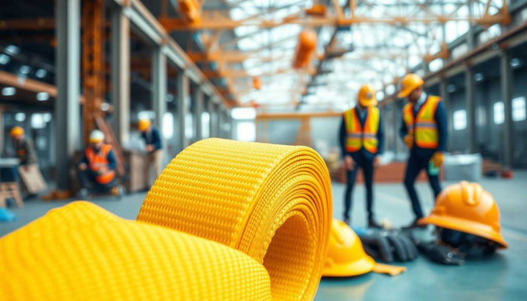 A detailed and informative photorealistic image of a webbing sling prominently displayed in the foreground, showcasing its texture and color. The webbing sling is thick, durable, and brightly colored, illustrating its strength and practicality in a safe working environment. In the middle ground, include a well-organized workspace with safety equipment such as helmets and gloves scattered around, emphasizing safety compliance. The background features a blurred construction site, with workers in professional business attire, diligently adhering to safety protocols. Use natural daylight to enhance visibility, highlighting the webbing sling's features. The overall mood of the image is professional and educational, aiming to demonstrate safe usage practices for the webbing sling.