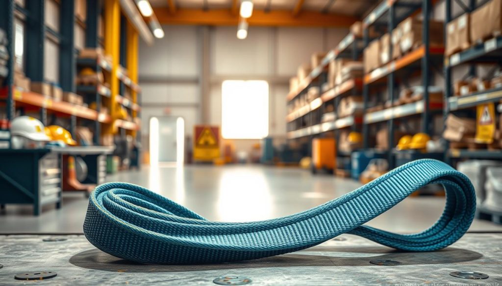 A detailed and photorealistic depiction of a webbing sling prominently displayed in the foreground, showcasing its vibrant color and texture. The sling should be positioned on a sturdy industrial surface, surrounded by safety equipment like helmets and gloves for a comprehensive safety theme. In the middle ground, a clean, well-organized workspace that emphasizes safety protocols is visible, featuring warning signs and operational tools. The background should depict a warehouse environment with shelves stacked with equipment, softly blurred to maintain focus on the webbing sling. Warm natural lighting filters in from a window, casting gentle shadows that add depth to the scene. The overall mood is professional and serious, illustrating the importance of safety in equipment handling while ensuring a clear and informative aesthetic. A detailed and photorealistic depiction of a webbing sling prominently displayed in the foreground, showcasing its vibrant color and texture. The sling should be positioned on a sturdy industrial surface, surrounded by safety equipment like helmets and gloves for a comprehensive safety theme. In the middle ground, a clean, well-organized workspace that emphasizes safety protocols is visible, featuring warning signs and operational tools. The background should depict a warehouse environment with shelves stacked with equipment, softly blurred to maintain focus on the webbing sling. Warm natural lighting filters in from a window, casting gentle shadows that add depth to the scene. The overall mood is professional and serious, illustrating the importance of safety in equipment handling while ensuring a clear and informative aesthetic.