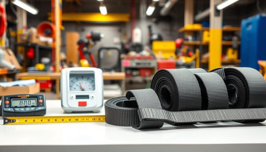 A detailed and photorealistic image depicting various webbing slings presented on a clean, professional display table. In the foreground, prominently showcase multiple webbing slings of different sizes and lengths, each labeled with specifications such as width, length, and load capacity. The middle ground features a measuring tape and a digital weight scale, emphasizing the technical aspect of webbing slings. In the background, a blurred workshop setting with tools and safety equipment hints at an industrial environment, enhancing the theme of heavy-duty applications. The lighting is bright and well-distributed, casting minimal shadows to highlight the textures and colors of the webbing materials. Use a slightly elevated camera angle to capture the scene effectively, creating a clean and informative atmosphere.