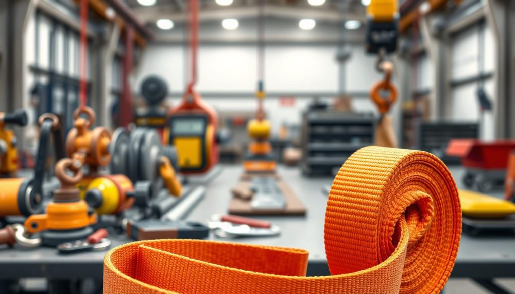 A detailed and photorealistic image of a high-quality webbing sling belt prominently displayed. In the foreground, focus on the webbing sling with a strong, textured fabric in vibrant colors like bright orange or lime green, showcasing its sturdy stitching and reinforced loops. In the middle ground, include tools and equipment relevant to heavy lifting, like pulleys and safety hooks, arranged neatly to emphasize safety standards. The background should be an industrial setting with soft, diffused lighting, highlighting a clean workspace to evoke professionalism. Use a slight angle to provide depth and dimension to the scene. The overall mood should be one of reliability and safety, reflecting industry standards and certifications. A detailed and photorealistic image of a high-quality webbing sling belt prominently displayed. In the foreground, focus on the webbing sling with a strong, textured fabric in vibrant colors like bright orange or lime green, showcasing its sturdy stitching and reinforced loops. In the middle ground, include tools and equipment relevant to heavy lifting, like pulleys and safety hooks, arranged neatly to emphasize safety standards. The background should be an industrial setting with soft, diffused lighting, highlighting a clean workspace to evoke professionalism. Use a slight angle to provide depth and dimension to the scene. The overall mood should be one of reliability and safety, reflecting industry standards and certifications.