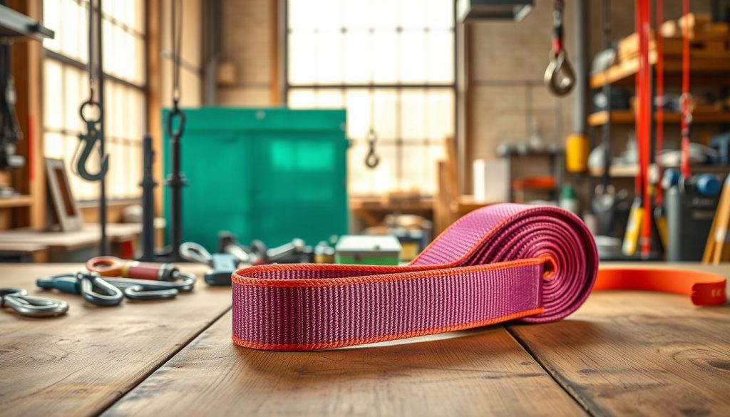 A detailed and photorealistic image of a high-quality webbing sling prominently displayed on a clean, industrial wooden table. In the foreground, the sling should be showcased in bright colors, emphasizing its durability and strength, with close-up textures highlighting the weave and stitching detail. In the middle ground, arrange various tools and equipment related to lifting, such as hooks and pulleys, creating a context of a professional work environment. The background should feature a softly focused workshop setting, with warm, natural light filtering through large windows, casting gentle shadows that enhance the depth of the scene. The overall mood is professional and transparent, reflecting the competitive pricing and quality focus of webbing slings available in Metro. The image should be clear and high definition, allowing viewers to appreciate the intricacies of the webbing sling.