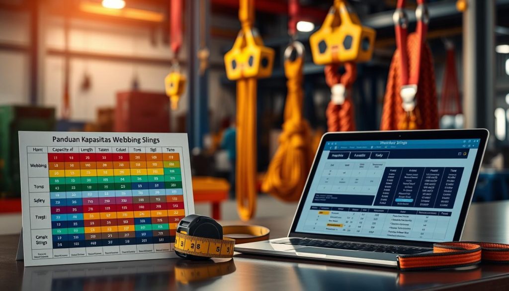 A detailed and photorealistic image of a professional setting focused on "panduan kapasitas" for webbing slings. In the foreground, display a high-quality, color-coded chart illustrating various capacities in tons, alongside a measuring tape and a length guide. In the middle ground, depict a sharp, well-organized workspace with a laptop showing a calculation table and safety guidelines on webbing slings. In the background, include a blurred industrial environment featuring hanging webbing slings and rigging equipment, evoking an atmosphere of professionalism and precision. Soft, natural lighting highlighting the essential elements, shot with a slightly elevated angle to capture both the foreground details and the context of the workspace. A detailed and photorealistic image of a professional setting focused on "panduan kapasitas" for webbing slings. In the foreground, display a high-quality, color-coded chart illustrating various capacities in tons, alongside a measuring tape and a length guide. In the middle ground, depict a sharp, well-organized workspace with a laptop showing a calculation table and safety guidelines on webbing slings. In the background, include a blurred industrial environment featuring hanging webbing slings and rigging equipment, evoking an atmosphere of professionalism and precision. Soft, natural lighting highlighting the essential elements, shot with a slightly elevated angle to capture both the foreground details and the context of the workspace.