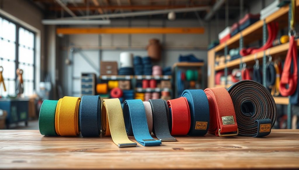 A detailed and photorealistic image of a variety of webbing slings arranged neatly on a wooden display table. In the foreground, multiple colorful slings of different sizes and load capacities should be showcased, highlighting their durable fabric, stitching, and safety labels. The middle section features a blurred industrial workshop setting with soft natural light filtering through large windows, emphasizing a clean and professional environment. In the background, there are shelves filled with more rigging equipment, creating a sense of a well-stocked supply store. The overall mood should be one of professionalism and quality, reflecting the high standards and specifications of the webbing slings. Use a slight depth of field to keep the focus on the slings, with a subtle warm tone to enhance the inviting atmosphere.