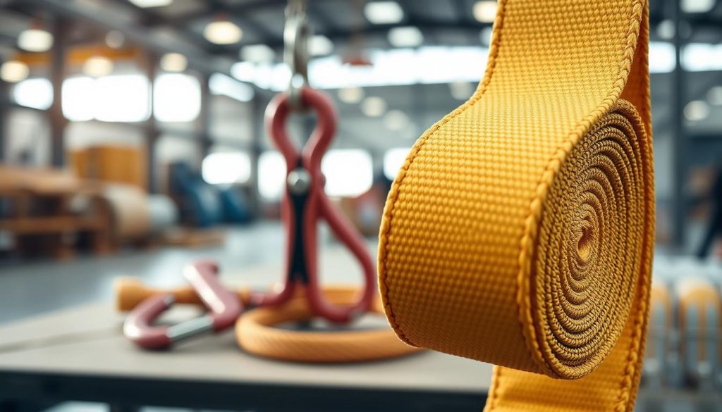 A detailed and photorealistic image of a webbing sling prominently displayed in the foreground, showcasing its robust design and texture. The sling should be vibrant in color, highlighting its protective features and durability, with close-up views of its stitching and reinforced loops. In the middle ground, include tools or equipment typically associated with webbing slings, like a hook or carabiner, emphasizing their practical applications. The background should feature a blurred industrial setting, such as a warehouse or construction site, to enhance context. Soft, natural lighting highlights the sling’s materials, creating a professional and trustworthy atmosphere. The overall mood should convey strength and reliability, appealing to consumers interested in quality and longevity.