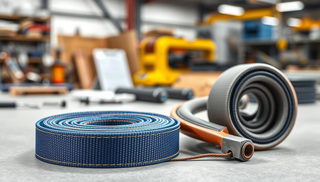 A detailed and photorealistic image of two webbing slings prominently displayed. In the foreground, showcase an eye-to-eye webbing sling, featuring vibrant colors and sturdy stitching, laid out against a neutral backdrop. Beside it, a round sling with a smooth, tubular shape, showcasing its flexibility and strength. In the middle ground, incorporate a subtle indication of a workspace setting, emphasizing a professional atmosphere with tools and equipment in soft focus. In the background, a blurred industrial environment, suggesting a setting where these slings are commonly used. The lighting is bright and even, giving a clean and clear impression. The overall mood should convey reliability and safety, ideal for professionals evaluating high-quality lifting equipment. No text or watermarks should be present in the image.