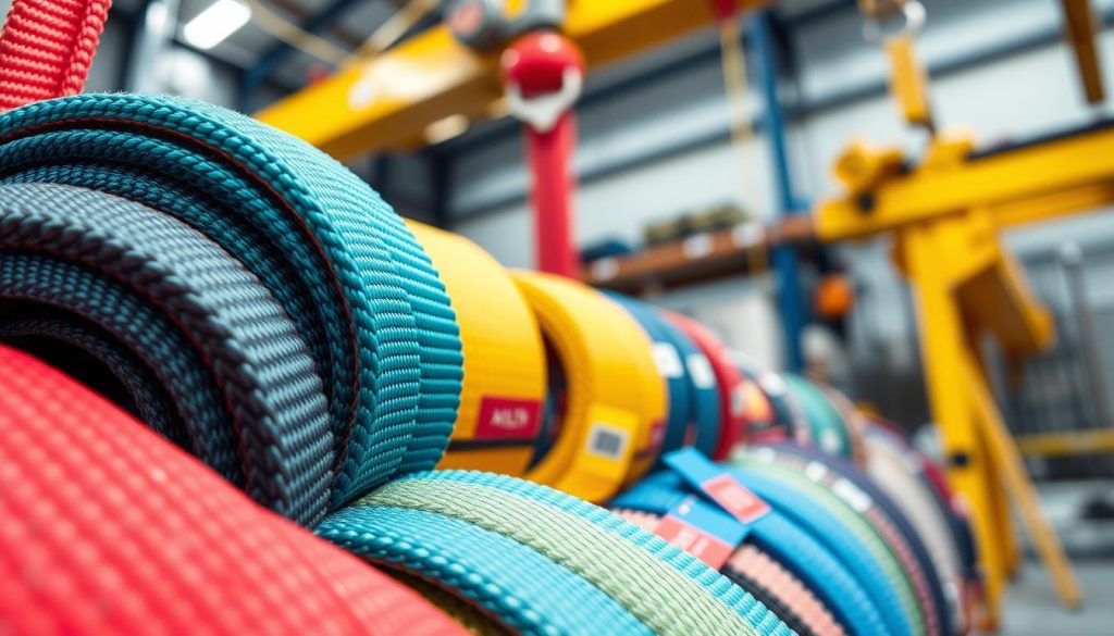 A detailed and photorealistic image of webbing slings showcasing various types of webbing construction. In the foreground, display a close-up of strong, durable webbing slings in vibrant colors, highlighting their texture and stitching. The middle layer should feature different kinds of webbing designs (like flat and round slings), each labeled with color-coded tags for easy differentiation. In the background, include industrial equipment, such as a lifting crane or storage hooks, softly blurred to create depth. The lighting should be bright but diffused, capturing the slings' strength and quality in a professional atmosphere. Capture the scene from a low angle to emphasize the sturdiness of the webbing and create a sense of importance around their specifications.
