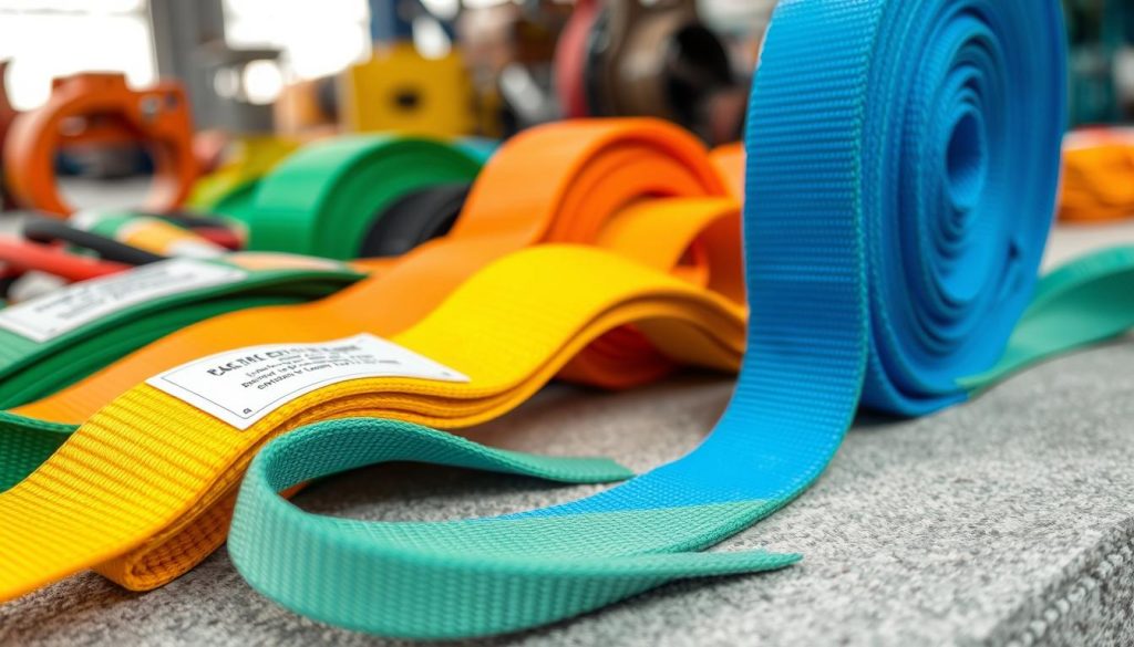 A detailed close-up image of various types of webbing slings arranged on a light gray textured surface. In the foreground, showcase a bright blue polyester webbing sling with reinforced stitching, a yellow nylon sling with a label, and a green high-strength sling, each displaying their unique designs and textures. The middle-ground features additional slings in diverse colors such as orange and black, emphasizing their layered construction. In the background, softly blurred industrial equipment hints at a workspace environment. The scene is well-lit with natural light to highlight the slings' vibrant colors, ensuring a photorealistic quality. Capture the image from a slightly elevated angle, conveying a professional mood suitable for an informative article.
