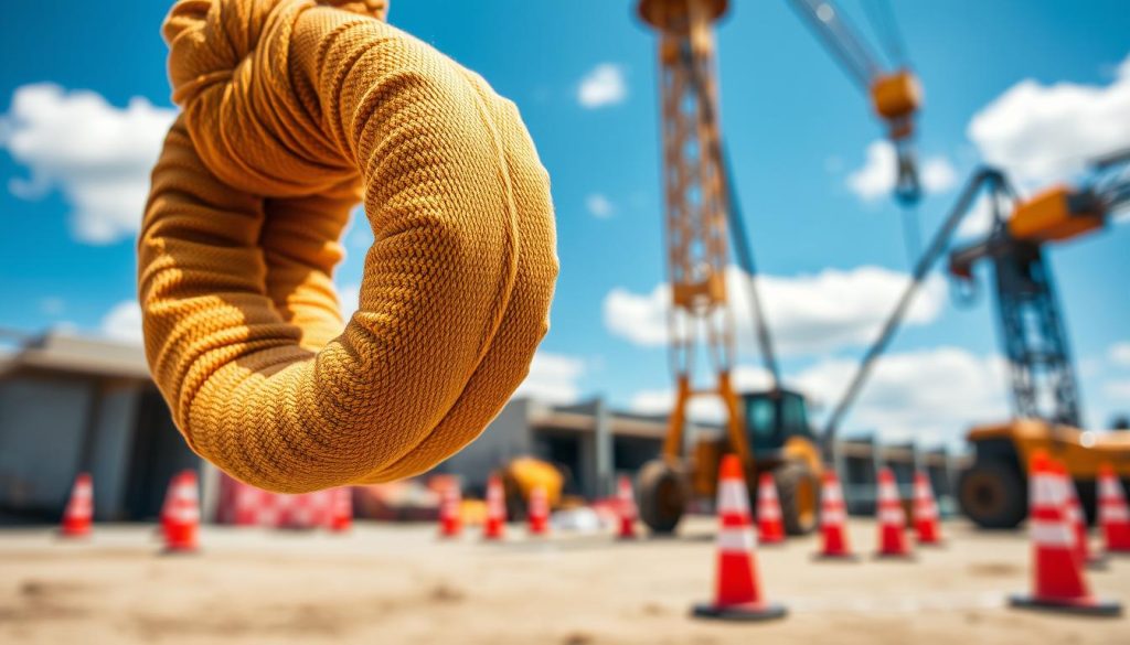 A detailed close-up of a round sling used in lifting applications, showcasing the textured fabric and robust stitching. In the foreground, the round sling is prominently displayed, with sunlight reflecting off its vibrant colors, highlighting its high-quality material. In the middle ground, a construction site environment is visible, featuring heavy machinery and safety cones, emphasizing practical usage. The background shows a clear blue sky with a few clouds, enhancing the outdoor setting. The image should have a shallow depth of field to keep the focus sharp on the round sling, while softly blurring the background. The lighting is natural and bright, creating an energetic and professional atmosphere suitable for construction and industrial contexts. A detailed close-up of a round sling used in lifting applications, showcasing the textured fabric and robust stitching. In the foreground, the round sling is prominently displayed, with sunlight reflecting off its vibrant colors, highlighting its high-quality material. In the middle ground, a construction site environment is visible, featuring heavy machinery and safety cones, emphasizing practical usage. The background shows a clear blue sky with a few clouds, enhancing the outdoor setting. The image should have a shallow depth of field to keep the focus sharp on the round sling, while softly blurring the background. The lighting is natural and bright, creating an energetic and professional atmosphere suitable for construction and industrial contexts.