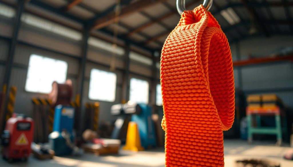 A detailed close-up of a vibrant harga webbing sling, showcasing its woven fabric texture, bright colors, and robust stitching. The foreground features the sling suspended from a metal hook, glistening with natural light. In the middle ground, a blurred industrial setting in Kendari, with tools and equipment subtly out of focus to enhance the sling's prominence. The background contains hints of a warehouse interior, emphasizing the rugged environment where webbing slings are used. Soft, diffused lighting creates an inviting atmosphere, with a hint of dramatic shadows to add depth. The camera angle is slightly tilted upward, providing a dynamic perspective that highlights the sling's strength and utility, and capturing the essence of high-quality industrial gear.