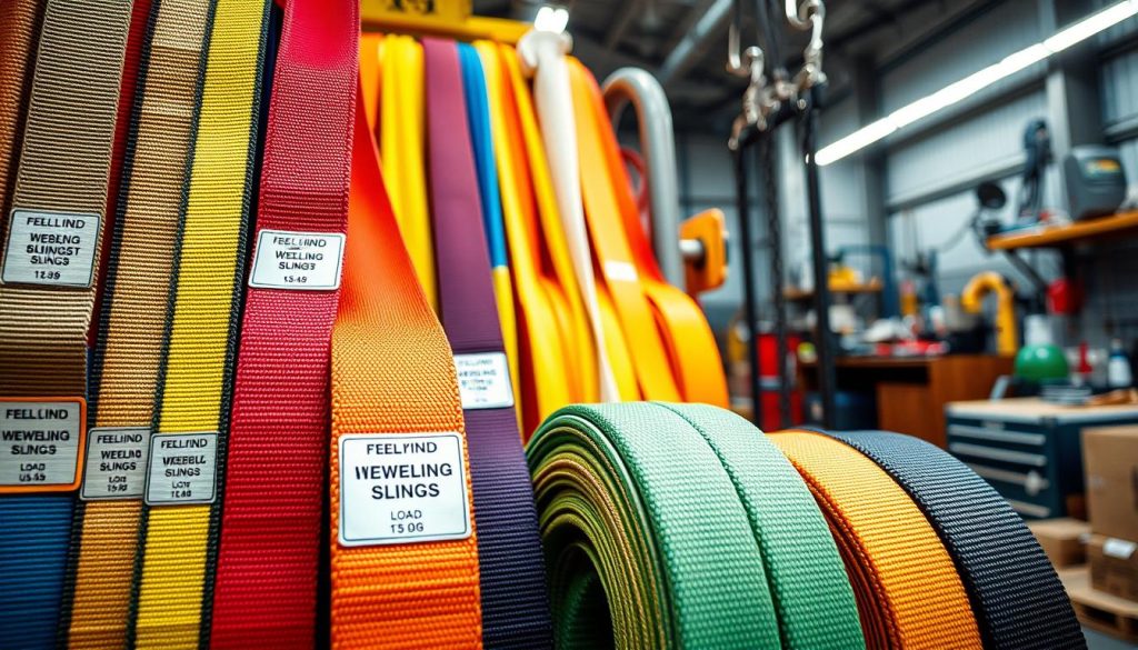 A detailed close-up of various webbing slings displayed in a professional setting. The foreground features an array of brightly colored webbing slings, each labeled with different load capacities and uses. In the middle ground, a sturdy storage rack holds these slings in an organized manner, emphasizing their texture and strength. The background showcases a well-lit indoor environment, perhaps a warehouse or a workshop, with tools and safety equipment subtly visible, enhancing the industrial feel. The lighting is bright and evenly distributed, casting soft shadows to highlight the richness of the colors and the weave of the fabric. The overall mood should convey reliability and professionalism, suitable for showcasing high-quality products in safety equipment.