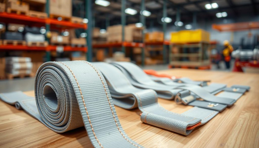 A detailed close-up view of a webbing sling, showcasing its load capacity and specifications. In the foreground, the robust fabric of the sling is highlighted, displaying clear stitching and color-coded markings indicating its weight limits. The middle ground features a variety of webbing slings in different lengths and widths, arranged neatly on a wooden table for comparison. In the background, a soft-focus warehouse setting with shelves of industrial equipment creates context. The lighting is bright and even, emphasizing the texture and durability of the slings, with a shallow depth of field to draw attention to the foreground details. The mood is professional and informative, ideal for illustrating product specifications.