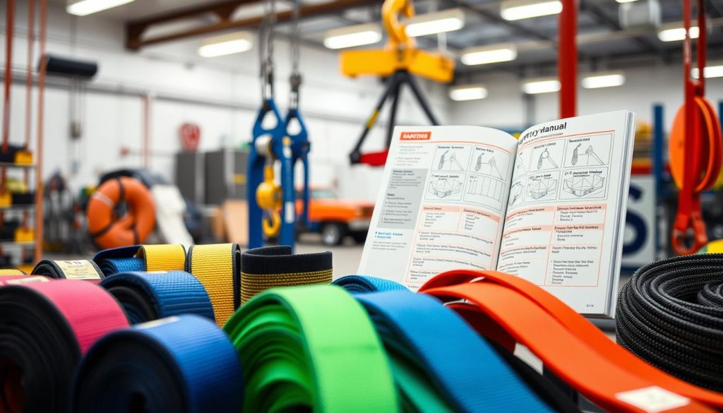 A detailed guide on selecting webbing sling capacities, featuring a professional setting. In the foreground, showcase various webbing slings of different colors and capacities neatly arranged, with labels indicating weight limits and safety ratings. In the middle ground, display a safety manual open, showing diagrams and specifications for users. In the background, include a well-lit workshop environment with a lifting setup, like pulleys and hooks, to signify usage contexts. The lighting should be bright and even, emphasizing clarity and detail, with a depth of field that slightly blurs the background for focus. The mood is informative and authoritative, aimed at educating the viewer about safe selection and usage of webbing slings.