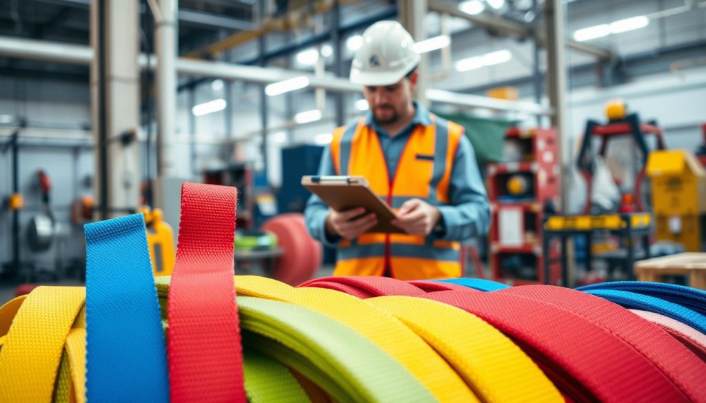 A detailed inspection scene of webbing slings in a well-lit industrial setting. In the foreground, a variety of brightly colored webbing slings (yellow, red, blue) are clearly displayed, showcasing their labels and stitching quality. The middle ground features a professional inspector wearing a safety helmet and high-visibility vest, examining the slings with a clipboard in hand. The background includes a blurred workshop environment, with tools and safety equipment strategically placed, reflecting a safe working atmosphere. Add soft, natural lighting to enhance visibility and create a sense of seriousness. The angle should be slightly elevated, giving a comprehensive view of the inspection process, emphasizing safety standards and attention to detail.