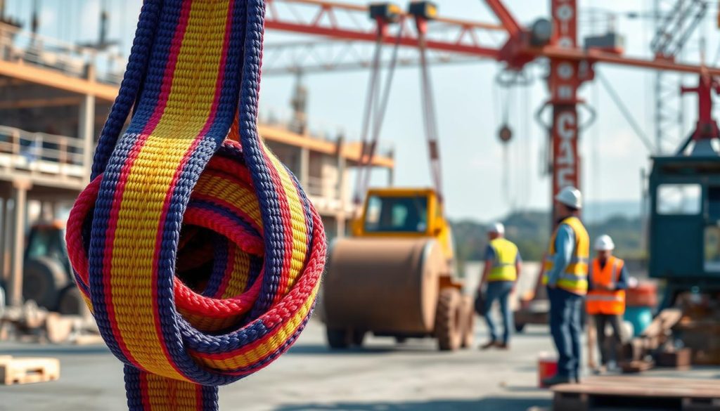 A detailed photorealistic depiction of a vibrant webbing sling displayed prominently in the foreground, showcasing its sturdy, colorful woven fabric and reinforced stitching. The sling should be shown in use, wrapped around a heavy industrial load in the middle ground, highlighting its application in various work environments. In the background, a construction site with machinery and workers in professional attire, such as safety helmets and vests, engaged in lifting operations, should be visible, creating a dynamic atmosphere. Soft natural lighting emphasizes the textures of the webbing and the machinery, providing a clear view of the scene from a slightly elevated angle, capturing the industrious mood of daily operational activities. No text or branding is present in the image.