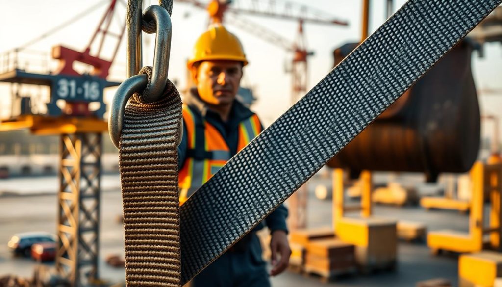 A detailed, photorealistic depiction of the proper use of a webbing sling in a professional lifting scenario. In the foreground, a close-up view of a durable webbing sling being threaded through a metal lifting hook, showcasing its texture and weave. The middle ground features an industrial worker dressed in a hard hat and safety gear, carefully positioning the sling around a heavy load, exemplifying safe lifting practices. In the background, a busy construction site with cranes and equipment, bathed in warm, natural lighting of a late afternoon. The image captures a focused and diligent atmosphere, emphasizing safety and professionalism in lifting operations. The composition is shot from a slightly elevated angle to convey depth and clarity.