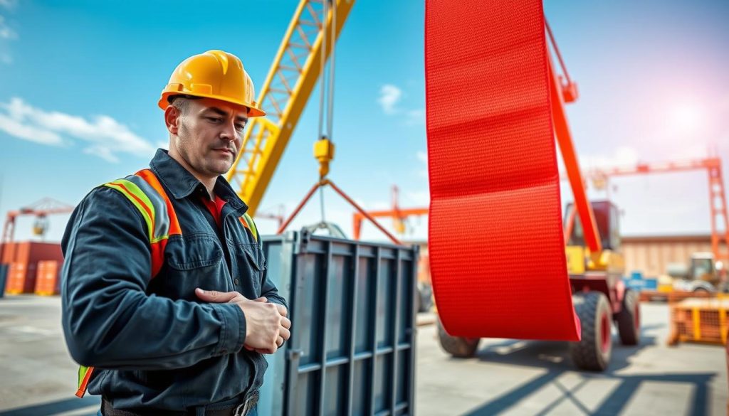 A detailed, photorealistic image depicting the safe use of a webbing sling for lifting heavy loads. In the foreground, a strong, professional-looking worker in a hard hat and safety gear is carefully inspecting a brightly colored webbing sling securely attached to a large metal crate. The middle ground features the crane lifting the crate, highlighting the sturdy construction of the sling. In the background, a well-organized industrial site is visible, with clear blue skies and natural sunlight casting soft shadows. The image captures a sense of professionalism and safety, emphasizing the importance of proper equipment in lifting operations. The mood is focused and serious, reinforcing the importance of safety compliance in heavy lifting scenarios.