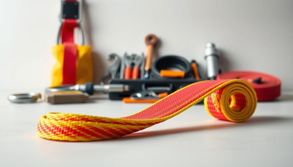 A detailed, photorealistic image of a model webbing sling displayed prominently in the foreground, showcasing its fabric texture and vibrant colors, such as bright red and yellow. The sling should be laid out against a simple, neutral background to emphasize its design and features. In the middle ground, include a well-organized toolset, hinting at its usage in lifting operations, with tools like hooks and pulleys partially visible. The lighting should be soft and even, with a focus on highlighting the webbing material’s durability and strength, creating an atmosphere of professionalism and reliability. Capture the scene from a slightly elevated angle to provide a comprehensive view of the sling’s details, ensuring clarity and depth in high definition.