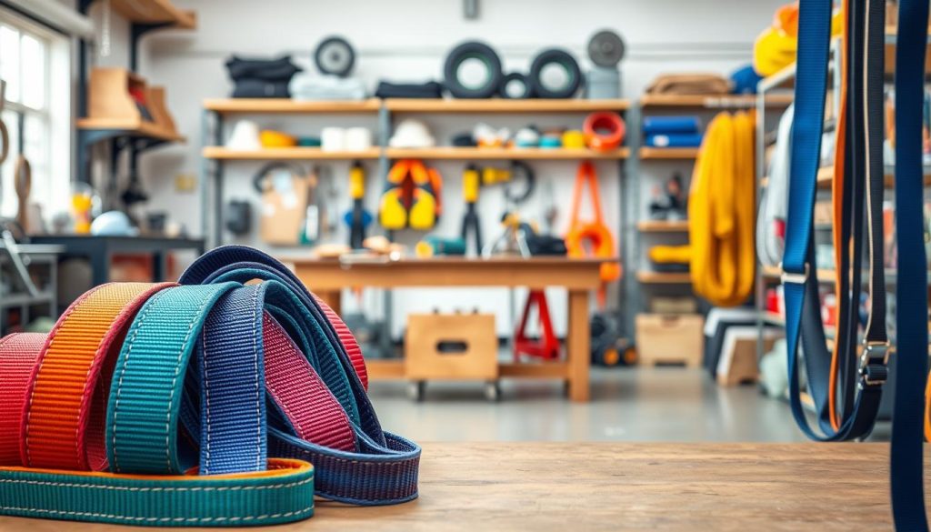 A detailed, photorealistic image of a variety of webbing slings displayed elegantly in a well-lit workshop environment. In the foreground, showcase a selection of colorful webbing slings in different lengths and designs: some flat, others with reinforced loops, all intricately woven with visible stitching details. In the middle, include a sturdy workbench adorned with tools and safety gear, hinting at the craftsmanship involved. In the background, the soft focus reveals shelves filled with additional types of slings and accessories, emphasizing their versatility. Utilize natural lighting for a professional, inviting atmosphere, with a shallow depth of field to highlight the slings while maintaining an overall clean and organized look. This composition should evoke a sense of quality and reliability, perfect for illustrating the concept of webbing slings.