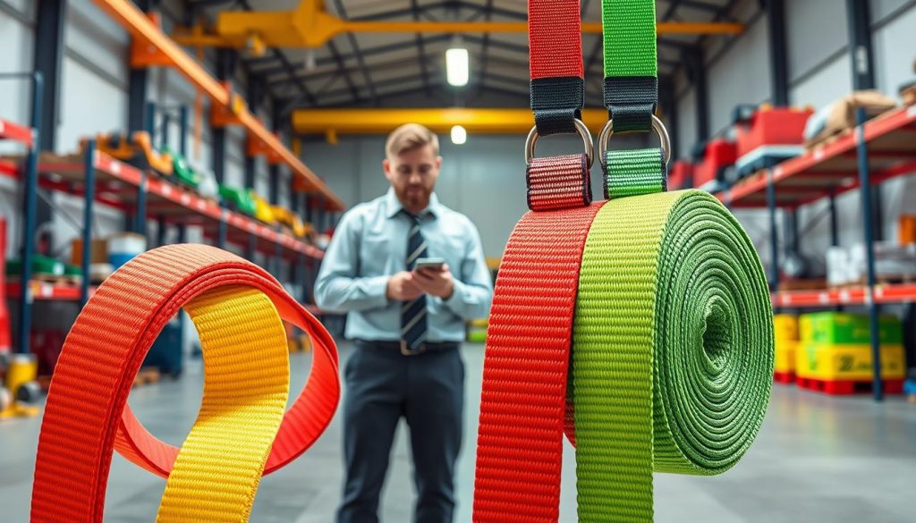 A detailed, photorealistic image of a webbing sling designed for heavy lifting, with a capacity range of 1 to 48 tons. In the foreground, showcase multiple brightly colored webbing slings with clear how they are constructed—highlighting their durable materials and sturdy stitching. In the middle ground, depict a professional business setting where these slings are being examined by two individuals in practical, modest attire, emphasizing the product's versatility and quality. The background contains a well-lit warehouse environment with shelves displaying various lifting equipment, creating an industrial atmosphere. Use bright, natural lighting to enhance the colors of the slings and create sharp contrast, focusing on details like the texture and strength of the materials. The overall mood should convey professionalism and reliability in heavylifting solutions.
