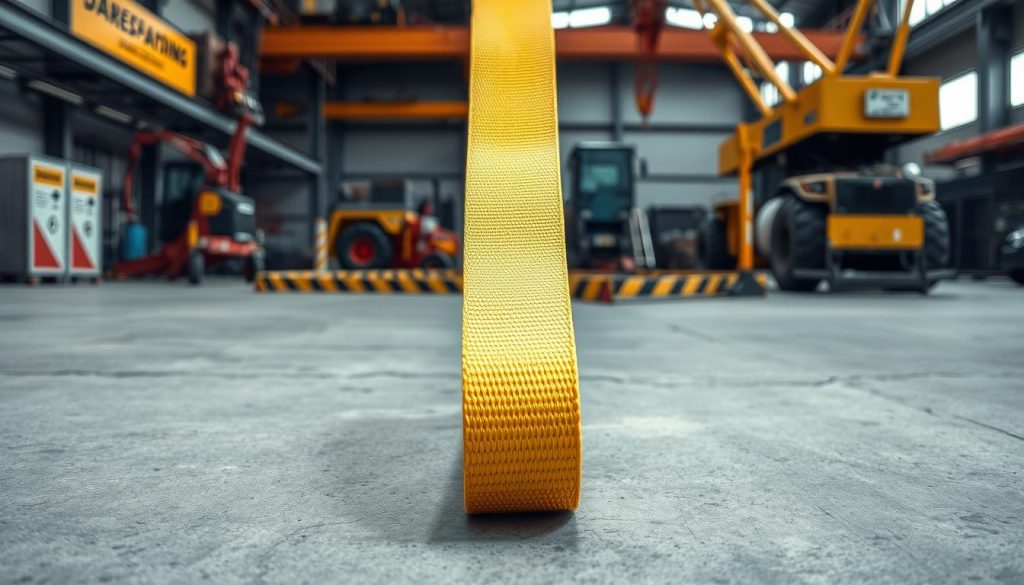 A detailed, photorealistic image of a webbing sling displayed prominently in the foreground, showcasing its texture and strength. The sling is brightly colored, preferably in yellow with safety labels visible, resting on a smooth concrete surface. In the middle ground, an industrial setting with heavy machinery can be seen, emphasizing the context of usage. The background includes a safety compliance area, subtly hinting at safety standards like warning signs and a crane in operation. The scene is well-lit, with soft shadows, creating a professional atmosphere that communicates safety and reliability. The angle is slightly elevated to capture the full length of the sling while also providing context of its environment.