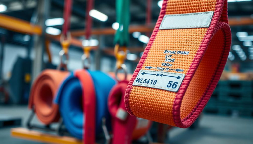 A detailed photorealistic image of a webbing sling featuring specifications, lift capacity, and labeling. In the foreground, showcase a close-up view of a vibrant, colored webbing sling with visible stitching and labeled capacity markings. The middle ground includes additional slings in various colors, neatly arranged to demonstrate versatility. In the background, create a well-lit industrial setting, with soft lighting highlighting the materials and textures. Use a shallow depth of field to keep the focus on the slings while subtly blurring the background for a professional atmosphere. Capture the image at a slight angle, emphasizing the durable fabric and construction details, conveying a sense of reliability and safety in lifting equipment.