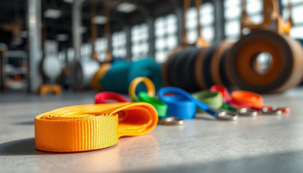 A detailed photorealistic image of a webbing sling prominently featured in the foreground, showcasing its bright colors and sturdy construction with visible stitching and reinforced loops. The sling is positioned on a clean, neutral surface that emphasizes its texture and strength. In the middle ground, include a set of various webbing slings in different colors and sizes, creating a sense of variety popular in Mataram. The background is softly blurred to highlight the slings, with soft, natural lighting that casts subtle shadows, creating depth. The overall atmosphere is professional and industrial, ideal for showcasing a reliable product in a competitive market.