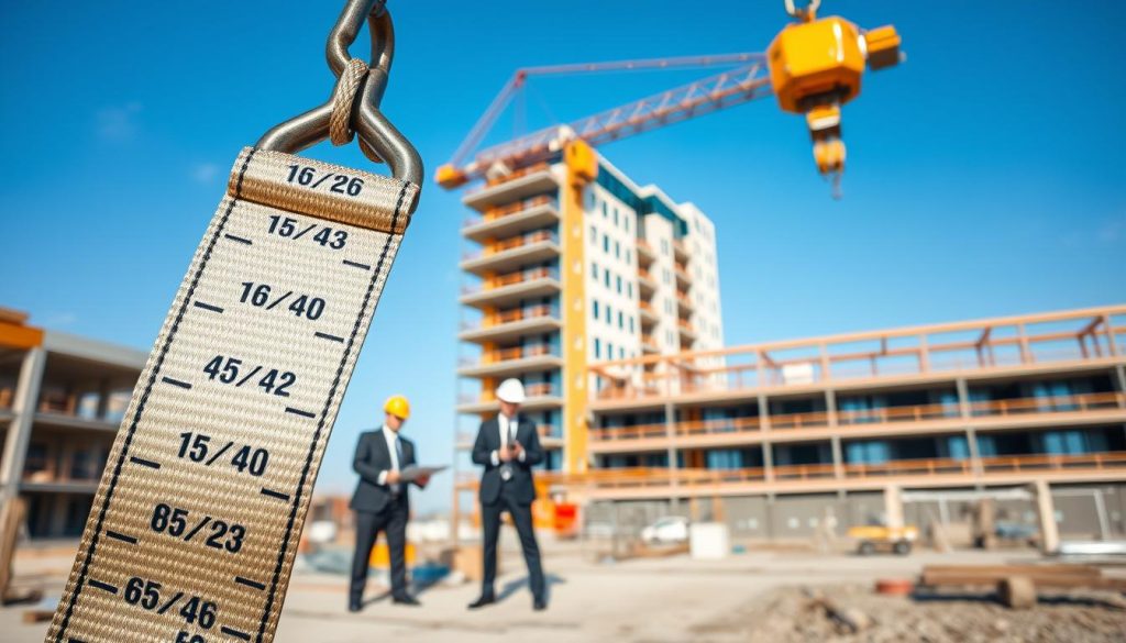 A detailed photorealistic image of a webbing sling with visible tonnage capacity markings, prominently displayed in the foreground. The sling should be showcased in a lifting scenario, suspended from a strong, metallic crane hook, illustrating its practical application. In the middle ground, there should be a construction site with workers in professional business attire, attentively reviewing lifting plans and safety protocols, emphasizing the importance of capacity and load limits. The background features a clear blue sky and a modern building partially constructed, reflecting a bustling work environment. The lighting is bright and natural, enhancing the colors and details of the materials. Ensure the image conveys a feeling of safety, professionalism, and expertise in lifting solutions, suitable for an informative article section.