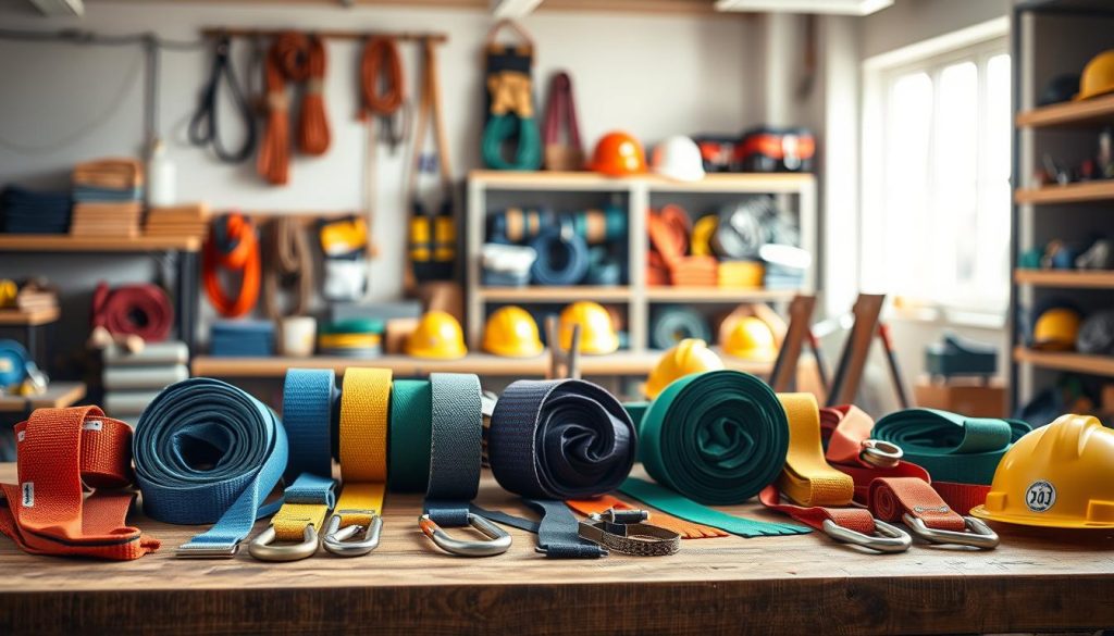 A detailed photorealistic image of various webbing slings displayed on a wooden table in a well-lit workshop. The foreground features a variety of colorful webbing slings, showcasing multiple designs and widths, with labels indicating their ratings for load capacity. In the middle ground, tools such as carabiners, ratchet straps, and safety helmets are neatly arranged, illustrating the practical use of these slings. The background presents a blurred view of workshop shelves lined with additional slings and safety equipment, creating an organized atmosphere. Soft, diffused natural lighting filters through a window, highlighting the textures of the materials. The scene conveys a professional and informative mood, ideal for illustrating the options available in webbing slings.