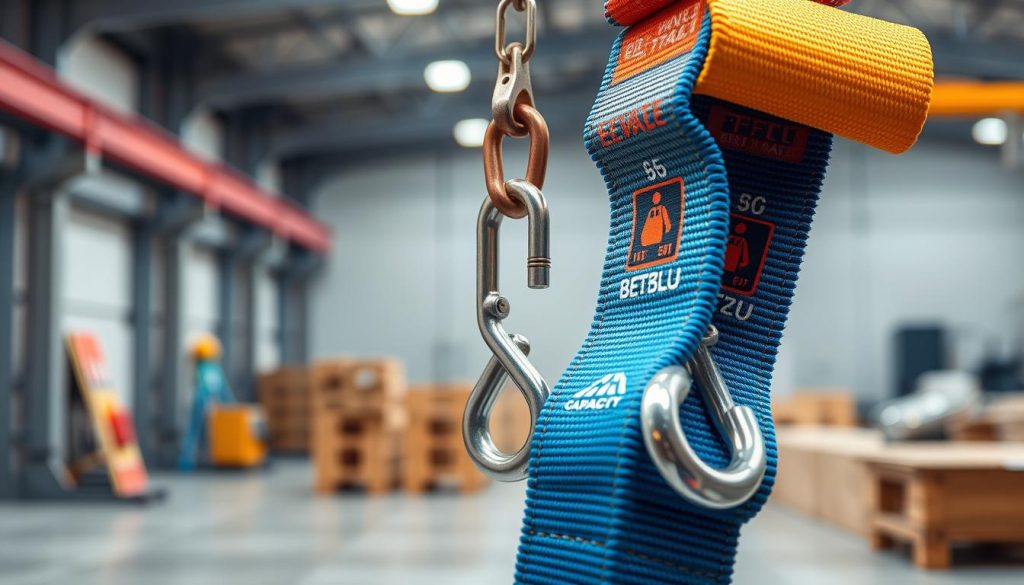 A detailed, photorealistic image showcasing a webbing sling designed for lifting, prominently displayed against a neutral background. The foreground features a close-up of the colorful webbing sling, highlighting its strong seams and weaving structure, with an emphasis on the load capacity symbols and safety indicators printed on it. In the middle, include a pair of sturdy lifting hooks that attach to the sling, suggesting strength and reliability. The background displays a soft-focus industrial setting, hinting at a warehouse or construction site. The lighting is bright and even, enhancing the textures of the materials while creating a professional atmosphere. The mood is one of safety and reliability, emphasizing the importance of weight capacity and security in lifting operations. No text, watermarks, or people present. A detailed, photorealistic image showcasing a webbing sling designed for lifting, prominently displayed against a neutral background. The foreground features a close-up of the colorful webbing sling, highlighting its strong seams and weaving structure, with an emphasis on the load capacity symbols and safety indicators printed on it. In the middle, include a pair of sturdy lifting hooks that attach to the sling, suggesting strength and reliability. The background displays a soft-focus industrial setting, hinting at a warehouse or construction site. The lighting is bright and even, enhancing the textures of the materials while creating a professional atmosphere. The mood is one of safety and reliability, emphasizing the importance of weight capacity and security in lifting operations. No text, watermarks, or people present.