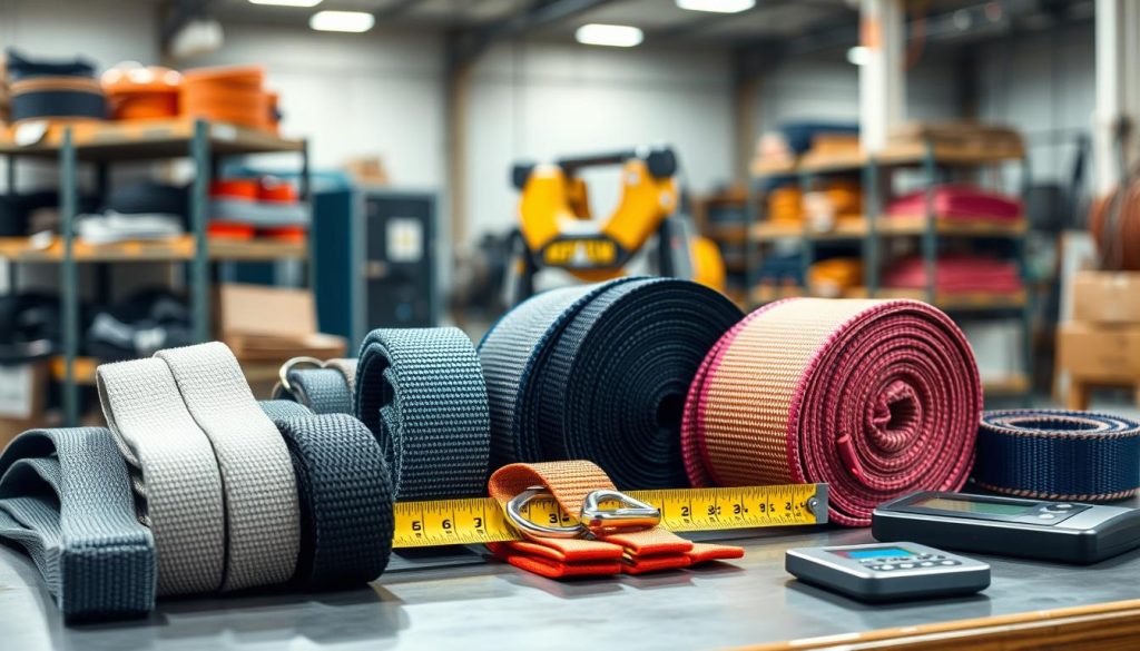 A detailed, photorealistic image showcasing various types of webbing slings arranged in a well-organized display. In the foreground, focus on different webbing samples made from durable materials, highlighting their unique textures, colors, and construction methods. The middle section features the slings displayed on a sturdy workbench, with a measuring tape and a digital scale beside them to emphasize quality and precision. In the background, a softly blurred industrial setting with faint shelves of heavy equipment can be seen, creating an atmosphere of professionalism and craftsmanship. The lighting is bright but soft, casting gentle shadows to accentuate the texture of the webbing. The image should convey a sense of reliability and high quality, suitable for a detailed technical discussion. A detailed, photorealistic image showcasing various types of webbing slings arranged in a well-organized display. In the foreground, focus on different webbing samples made from durable materials, highlighting their unique textures, colors, and construction methods. The middle section features the slings displayed on a sturdy workbench, with a measuring tape and a digital scale beside them to emphasize quality and precision. In the background, a softly blurred industrial setting with faint shelves of heavy equipment can be seen, creating an atmosphere of professionalism and craftsmanship. The lighting is bright but soft, casting gentle shadows to accentuate the texture of the webbing. The image should convey a sense of reliability and high quality, suitable for a detailed technical discussion.