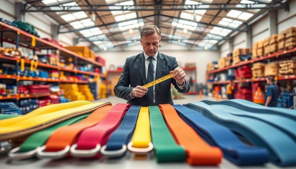 A detailed visualization of selecting the right webbing sling in a safe manner. In the foreground, a professional setting featuring a variety of colorful webbing slings displayed on a table, arranged by length and load capacity. In the middle ground, a knowledgeable technician in professional business attire is examining the slings, using a measuring tape to illustrate precision. The background showcases a well-lit warehouse with shelves stocked with additional safety equipment, enhancing the industrial atmosphere. Soft, natural lighting from overhead skylights highlights the textures of the webbing materials, creating a warm and informative ambiance. The focus should be sharp, with the technician conveying confidence and expertise, while the vibrant colors of the slings draw the viewer's attention.