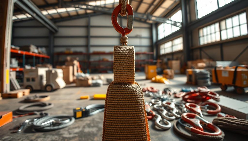 A dynamic and detailed scene illustrating the method of lifting with a webbing sling, showcasing various types of slings in use. In the foreground, a well-organized workspace features a sturdy webbing sling attached to a lifting hook set against an industrial backdrop. The middle ground displays a variety of accessories, such as safety hooks and rigging equipment, emphasizing safety and efficiency. In the background, a warehouse environment is softly illuminated by natural light streaming through large windows, casting realistic shadows. The image captures a professional atmosphere, inspired by real-world applications, with a focus on clarity and precision. The composition is sharp, taken with a DSLR lens at eye level to create an immersive, photorealistic experience.