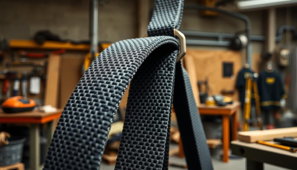 A high-definition, photorealistic close-up image of a webbing sling made from durable, industrial-grade nylon material. The foreground should showcase the intricate weave pattern of the sling, emphasizing its strength and flexibility. The middle ground can include the sling in use, draped over a secure attachment point, highlighting its practical application in heavy lifting. In the background, a workshop setting with tools and equipment should reflect a professional atmosphere, with soft, natural lighting enhancing the texture of the material. The overall mood should communicate reliability and durability, with subtle shadows to accentuate the webbing's design features.