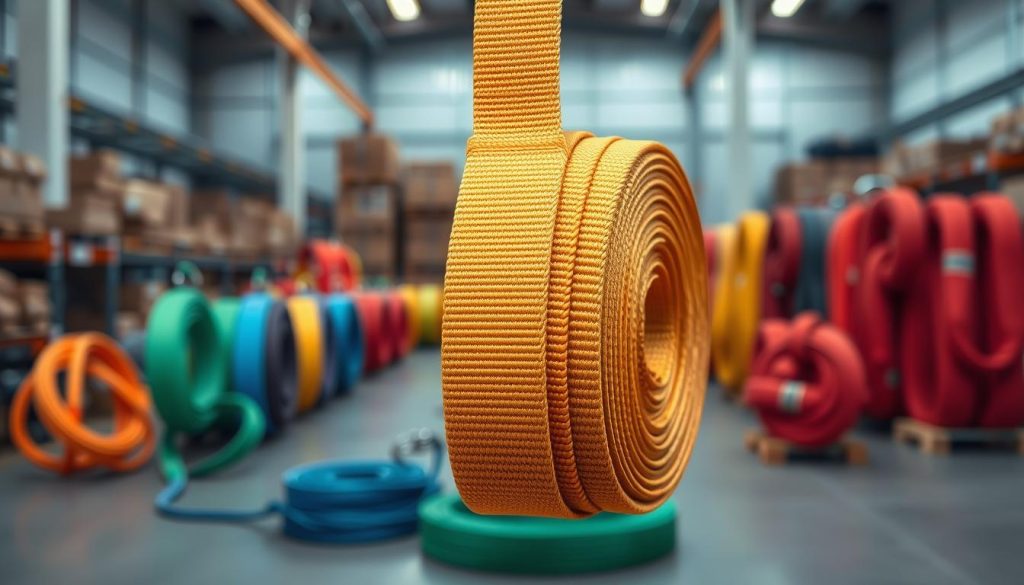 A high-definition, photorealistic image focusing on a webbing sling spanset, displayed prominently in the foreground. The spanset should be bright and colorful, showcasing its intricate weave and sturdy construction, emphasizing quality and reliability. Surrounding it, a subtle blurring effect captures additional webbing slings in various colors, creating depth in the middle ground. In the background, a well-organized warehouse setting is visible, with soft lighting that highlights the textures of the slings while maintaining a professional atmosphere. The camera angle is slightly above eye level, providing a comprehensive view of the slings and their details. The overall mood is industrial yet polished, conveying a sense of strength and trustworthiness in the products. A high-definition, photorealistic image focusing on a webbing sling spanset, displayed prominently in the foreground. The spanset should be bright and colorful, showcasing its intricate weave and sturdy construction, emphasizing quality and reliability. Surrounding it, a subtle blurring effect captures additional webbing slings in various colors, creating depth in the middle ground. In the background, a well-organized warehouse setting is visible, with soft lighting that highlights the textures of the slings while maintaining a professional atmosphere. The camera angle is slightly above eye level, providing a comprehensive view of the slings and their details. The overall mood is industrial yet polished, conveying a sense of strength and trustworthiness in the products.