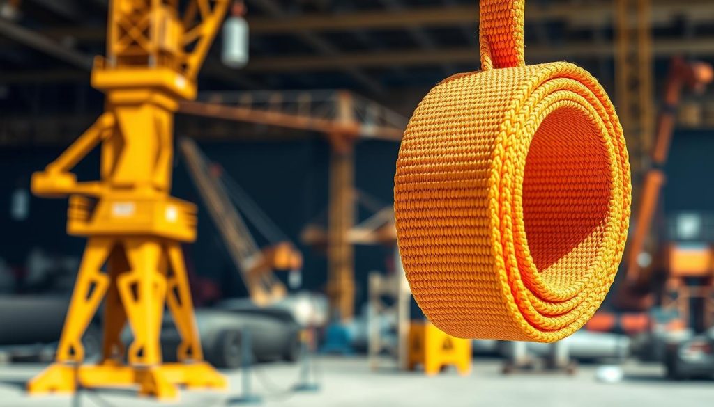 A high-definition, photorealistic image of a durable webbing sling prominently displayed in the foreground, showcasing its strong weave and vibrant color. The sling should be depicted in an industrial setting, perhaps with a backdrop of a construction site, where it’s attached to a lifting mechanism. The lighting should be bright and natural, emphasizing the texture and quality of the webbing material, while shadows highlight its form. In the middle ground, show cranes or lifting equipment, while the background features distant industrial structures blurred softly to maintain focus on the sling. The overall atmosphere should convey strength and reliability, illustrating the advantages of webbing slings over wire rope or chain slings.
